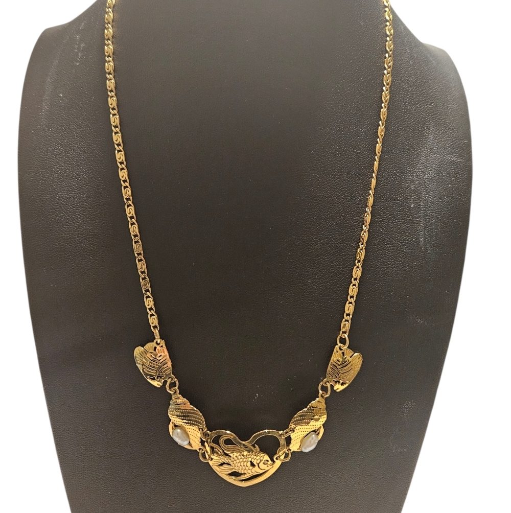 Vintage Heart Pearl And Fish Goldtone Necklace